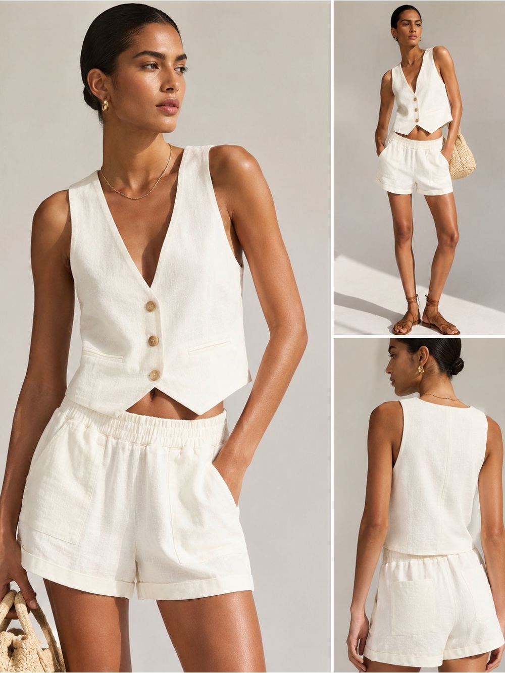 Blank NYC Cream High-Waist Linen-Shorts Pull-On Elastic Waist Pockets MSRP $68 M